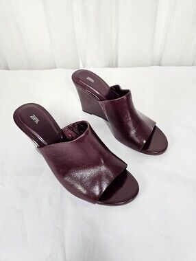 ZARA Burgundy Leather Wedge Mules Open Toe Slides Size 39